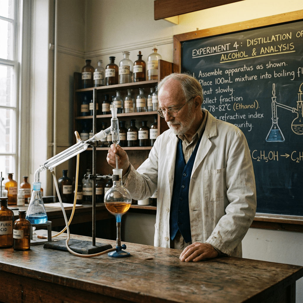 Older man conducting alcohol distillation experiment in laboratory