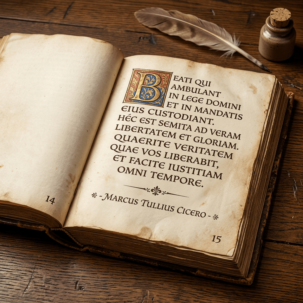 Open antique book with Latin text and decorative letter B alongside a quill and ink bottle