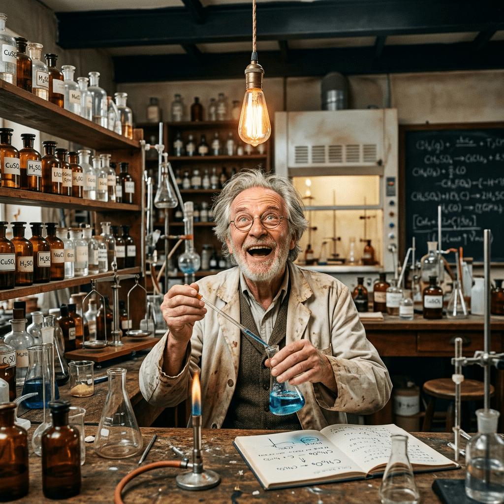 Elderly scientist using a dropper with blue liquid in a laboratory surrounded by glassware and chemical bottles.