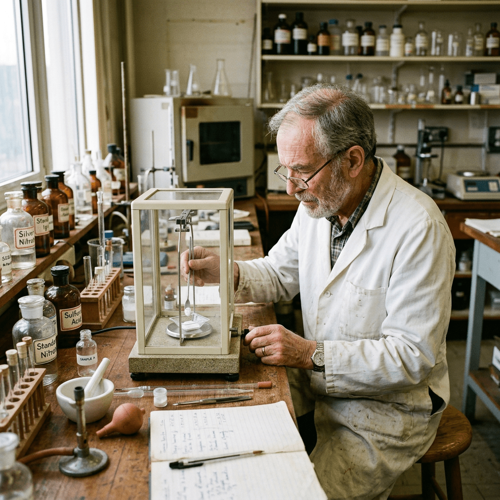 Older scientist in white lab coat weighing a powder on a balance scale in a chemistry lab