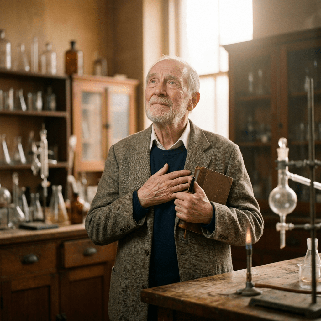 Elderly man in a tweed jacket holding a notebook in a laboratory with scientific glassware