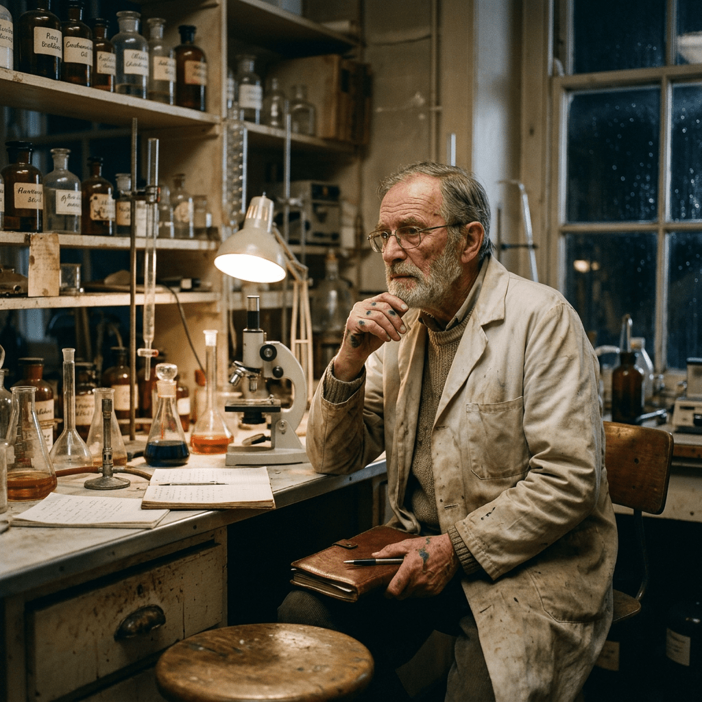 Elderly male scientist in a stained lab coat sitting thoughtfully at a cluttered laboratory bench with glassware and microscope