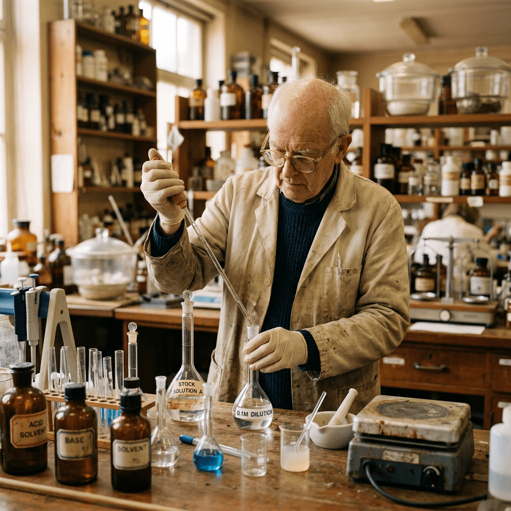 Elderly chemist using pipette to transfer liquid between labeled flasks in a laboratory