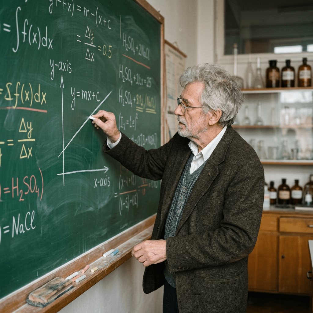 Elderly man writing mathematical equations and graph on chalkboard