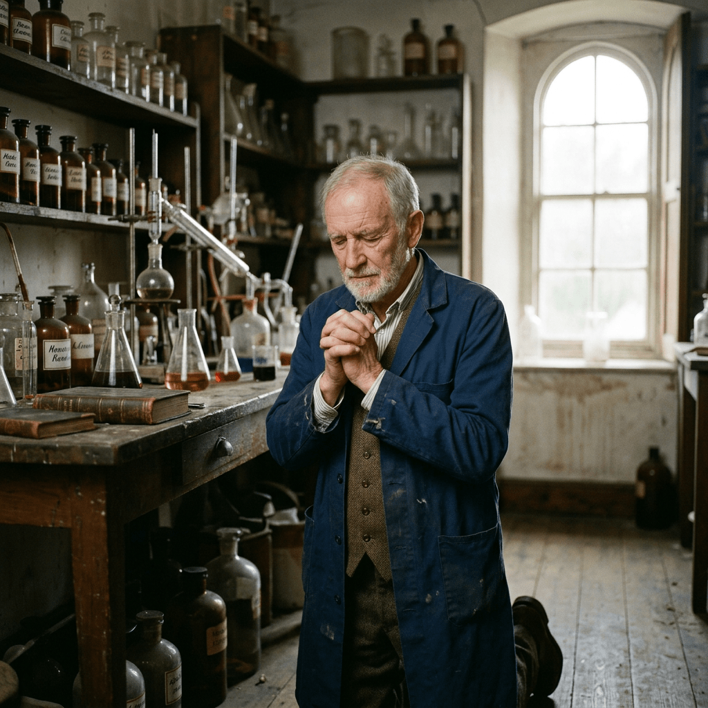 Elderly man in lab coat kneeling and clasping hands in a vintage chemistry lab