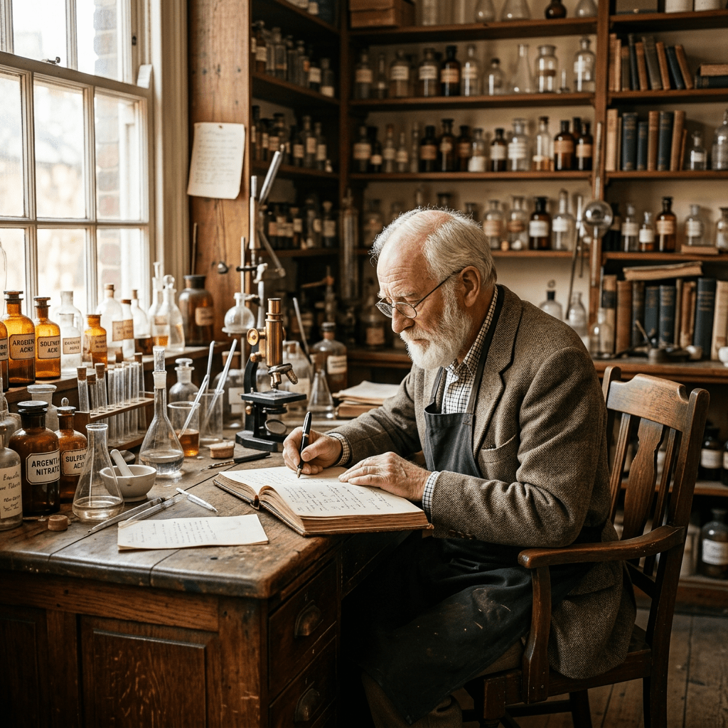 Elderly scientist writing notes in a vintage chemistry laboratory surrounded by glass bottles and microscope