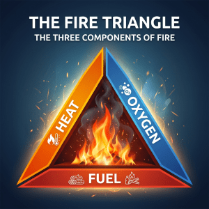 Fire triangle with heat, oxygen, and fuel components surrounding flames