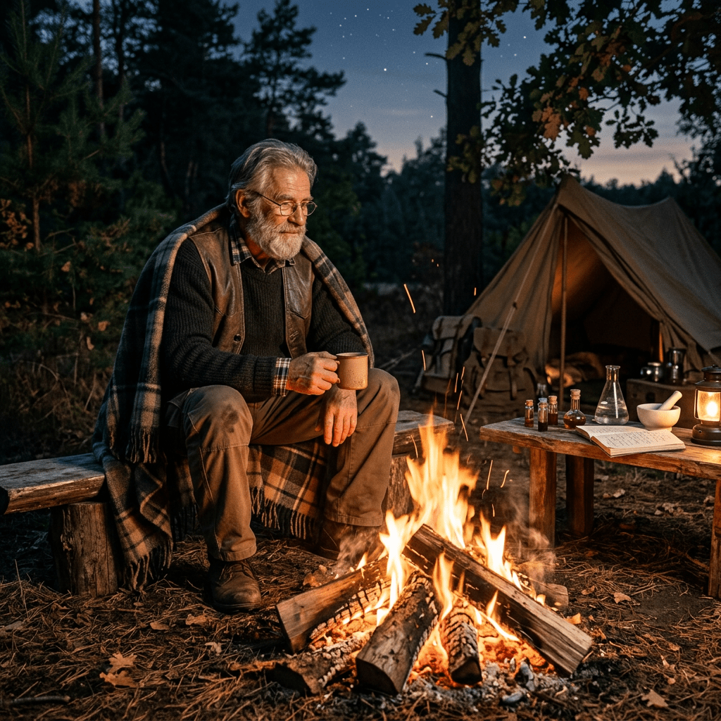 Elderly man sitting by a campfire in forest with tent and camping gear at dusk