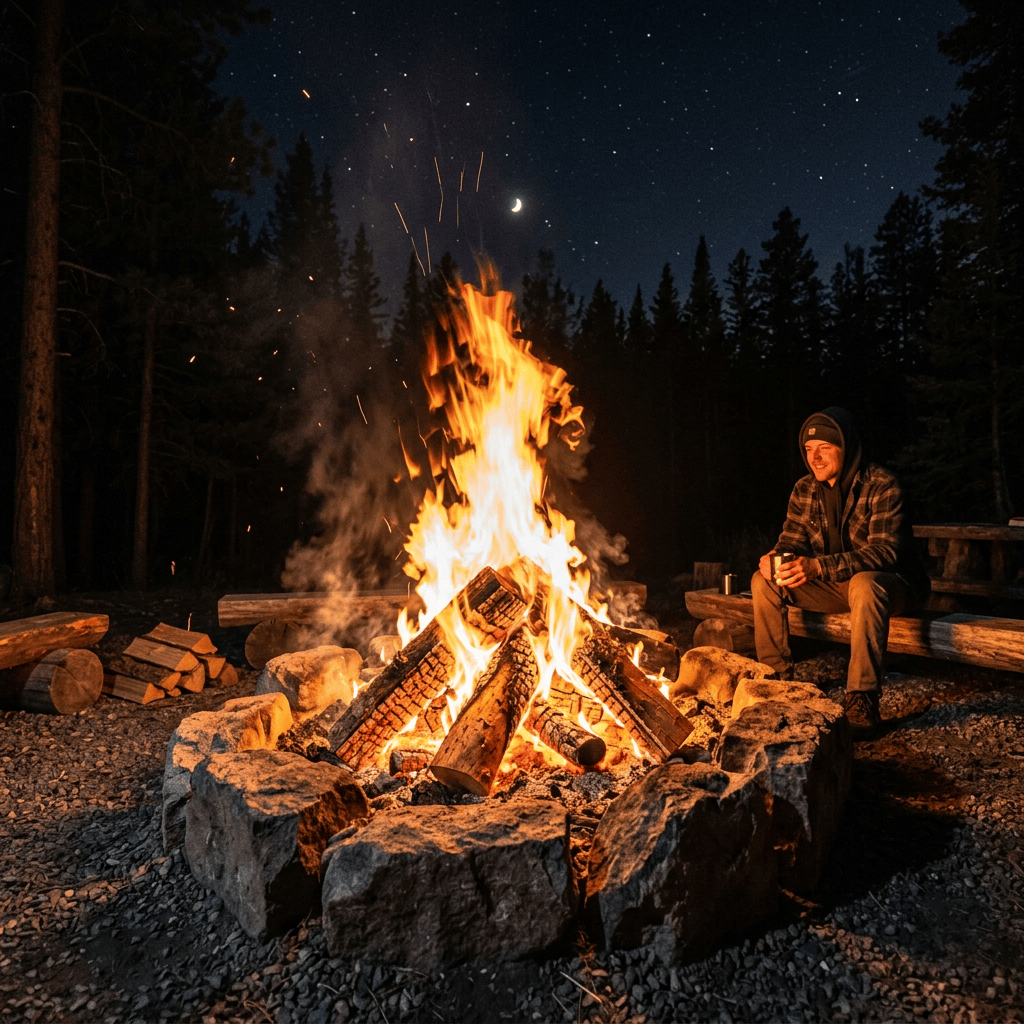 Person sitting by a large campfire in a forest at night under a starry sky