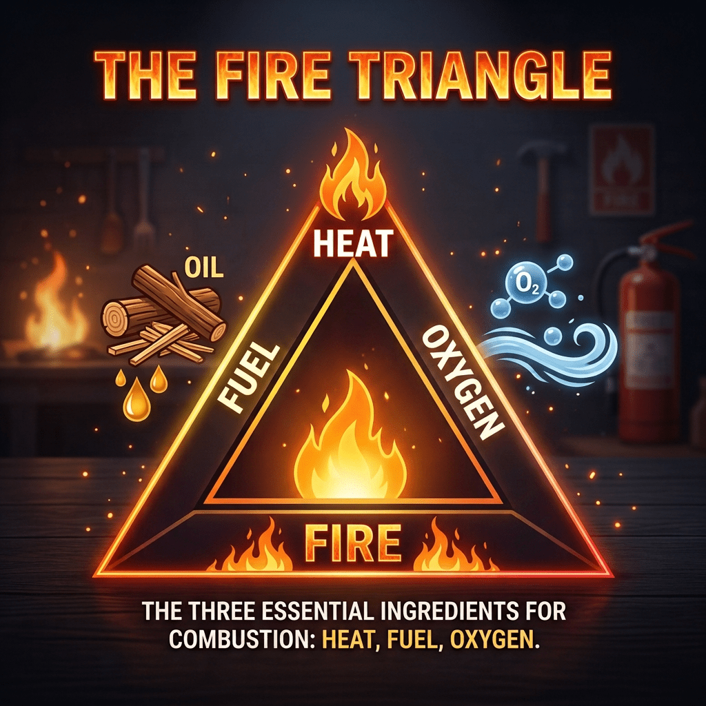 Diagram titled THE FIRE TRIANGLE showing HEAT, FUEL, OXYGEN, and FIRE; removing any element extinguishes the fire.