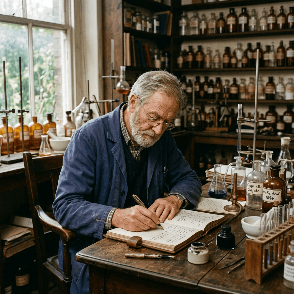 Gray-haired scientist writing in a notebook at a vintage laboratory bench