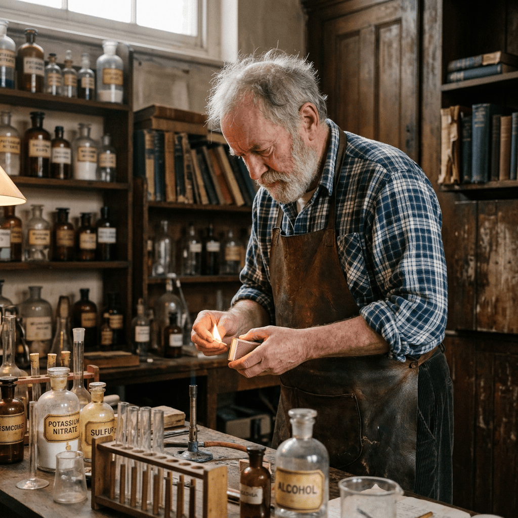 Elderly chemist lighting a match among labeled laboratory bottles and glassware