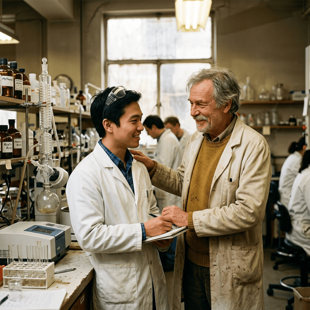 Two scientists discussing research beside laboratory equipment while colleagues work behind them